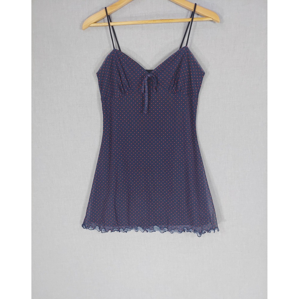 Urban‎ Outfitters Y2K Polka Dot Slip Babydoll Cami Dress M Navy Red Mesh Mini